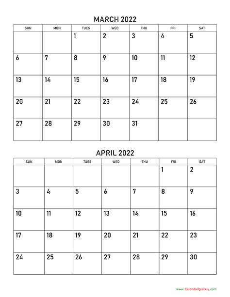Printable March And April 2022 Calendar